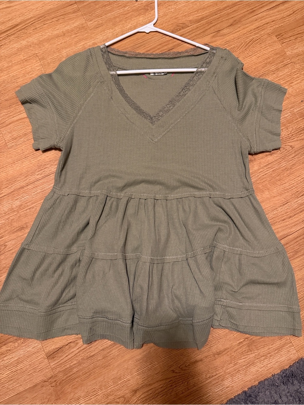 Free People Olive Green V‑Neck Tiered Babydoll Top